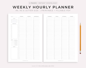 Weekly Planner, Daily Planner, Hourly Planner, To Do List, PDF Printable Inserts, A4, A5 & Letter, Instant Download
