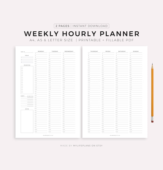Weekly Planner, Daily Planner, Hourly Planner, To Do List, PDF Printable Inserts, A4, A5 & Letter, Instant Download