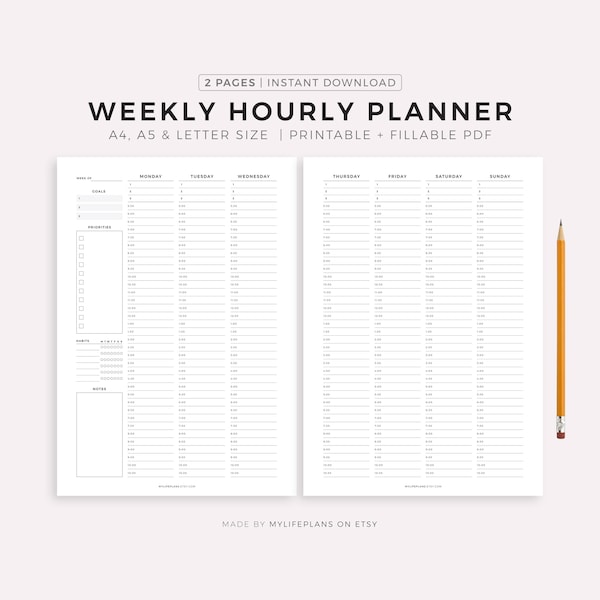 Weekly Planner, Daily Planner, Hourly Planner, To Do List, PDF Printable Inserts, A4, A5 & Letter, Instant Download