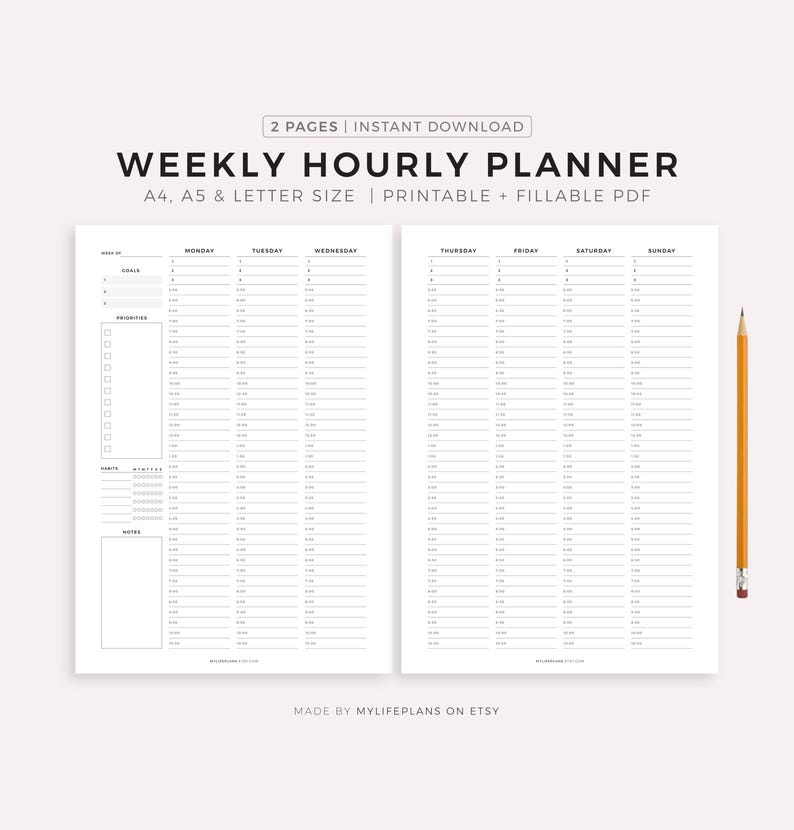 Weekly Planner, Daily Planner, Hourly Planner, To Do List, PDF Printable Inserts, A4, A5 & Letter, Instant Download image 1