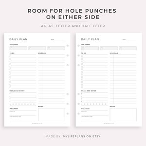 May include: Two printable daily planner pages with a black and white design. The pages are divided into sections for "Top Three", "To Do", "Schedule", "Meals and Water", "Wellness", and "Notes". The pages are designed for use with a disc-bound planner.