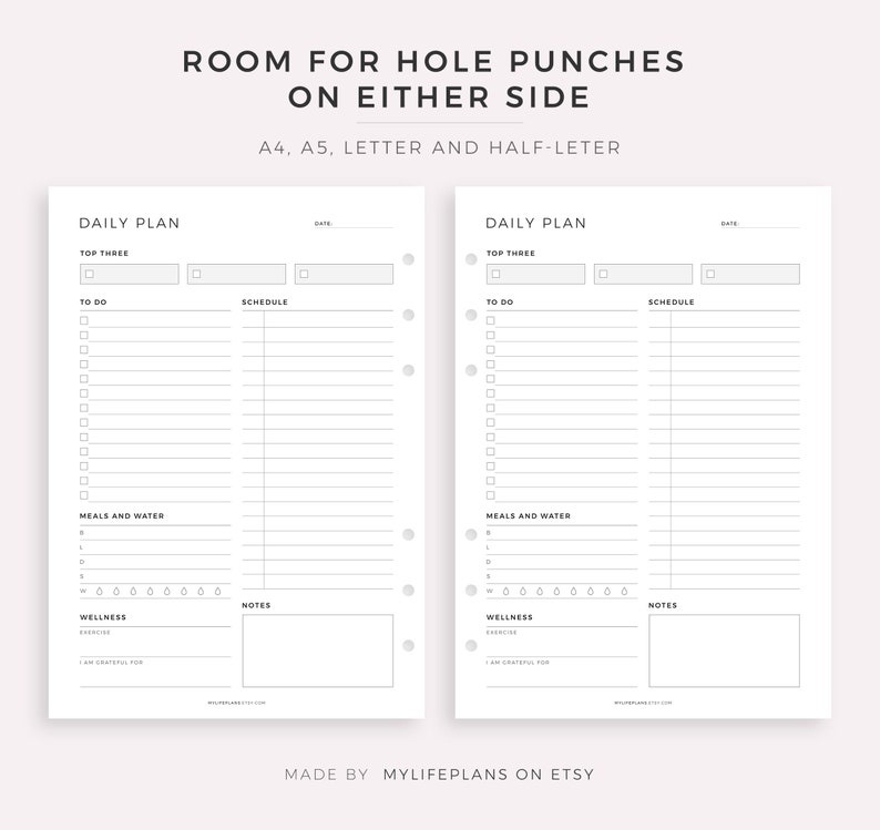 May include: Two printable daily planner pages with a black and white design. The pages are divided into sections for "Top Three", "To Do", "Schedule", "Meals and Water", "Wellness", and "Notes". The pages are designed for use with a disc-bound planner.