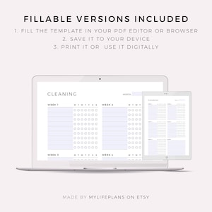 May include: A digital printable cleaning checklist with four weeks of daily tasks. The checklist is displayed on a laptop screen and a tablet. The text on the screen reads "Cleaning" and "Week 1", "Week 2", "Week 3", "Week 4", "MTWTFSS", "MONTH", and "MTWT".