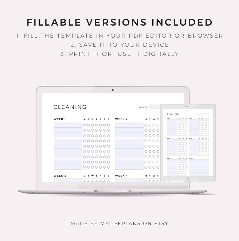 May include: A digital printable cleaning checklist with four weeks of daily tasks. The checklist is displayed on a laptop screen and a tablet. The text on the screen reads "Cleaning" and "Week 1", "Week 2", "Week 3", "Week 4", "MTWTFSS", "MONTH", and "MTWT".