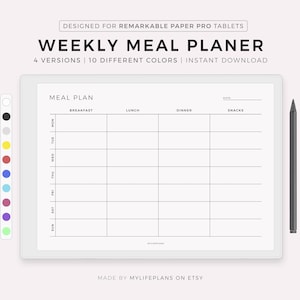 Planification de repas hebdomadaire pour Remarkable Paper Pro, Paysage, Agenda de menus 7 jours, Planificateur de préparation de repas, Planificateur d'aliments, Santé et forme