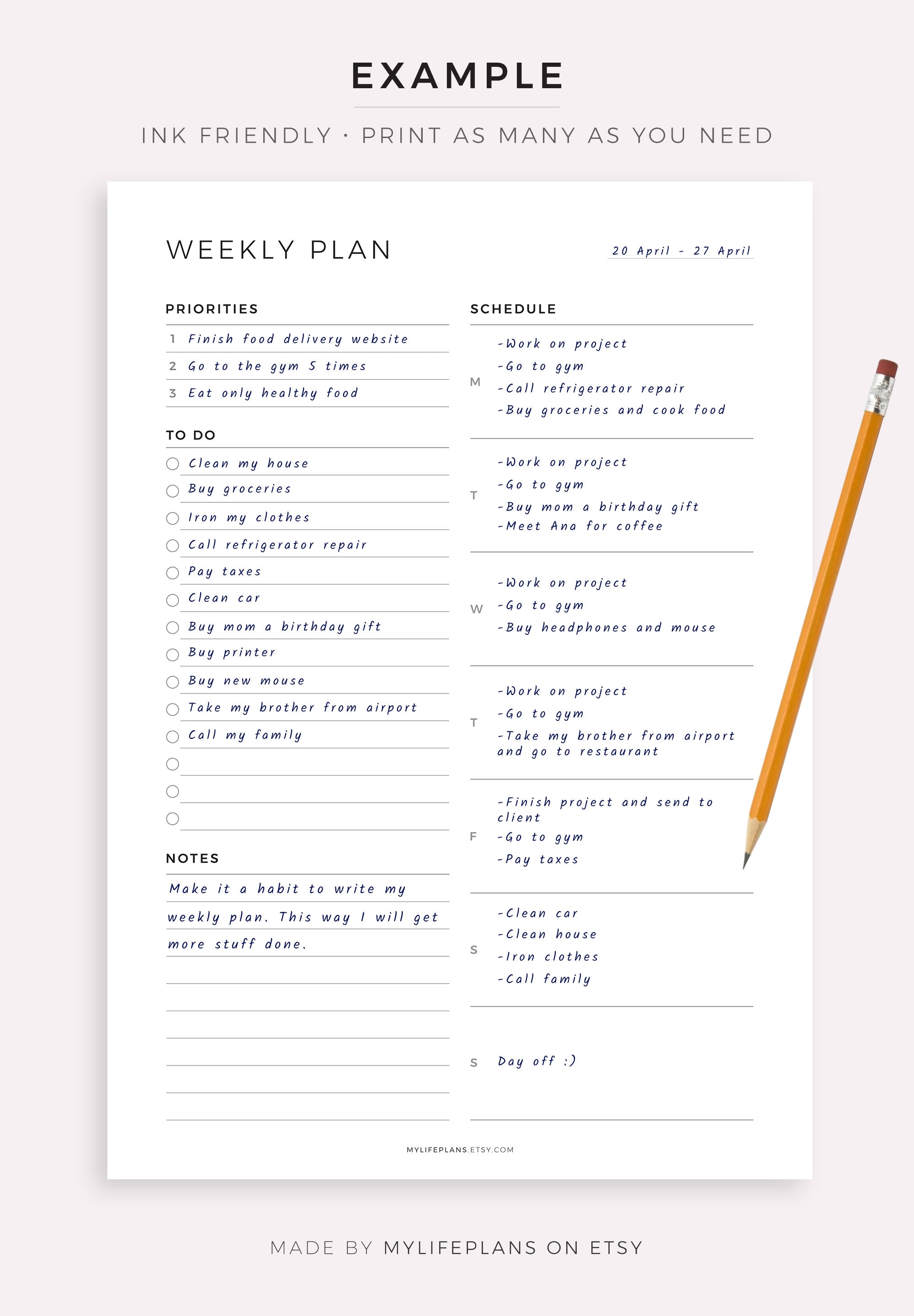 Printable Weekly Planner Template Weekly Schedule Weekly | Etsy