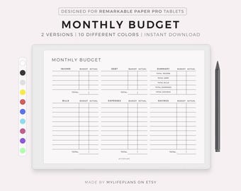 Puede incluir: Un planificador de presupuesto mensual imprimible para la tableta Remarkable Paper Pro. El planificador incluye secciones para ingresos, deudas, gastos, ahorros y un resumen. El planificador está diseñado para usarse con un lápiz.