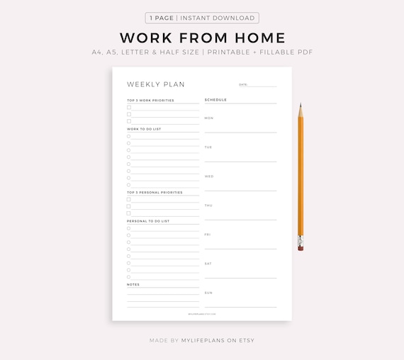Work From Home Weekly Planner Printable, Weekly To Do List for Work / Personal Life, Week At a Glance, Weekly Agenda, Instant Download