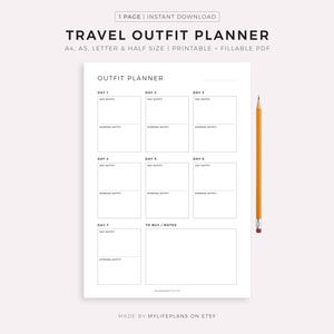 Travel Outfit Planner Printable Template, Daily Outfit Planner for Business Trip & Vacation, Travel Packing List, Suitcase Planning