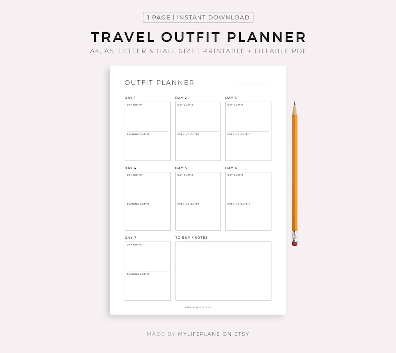 Travel Outfit Planner Printable Template, Daily Outfit Planner for Business Trip & Vacation, Travel Packing List, Suitcase Planning image 1