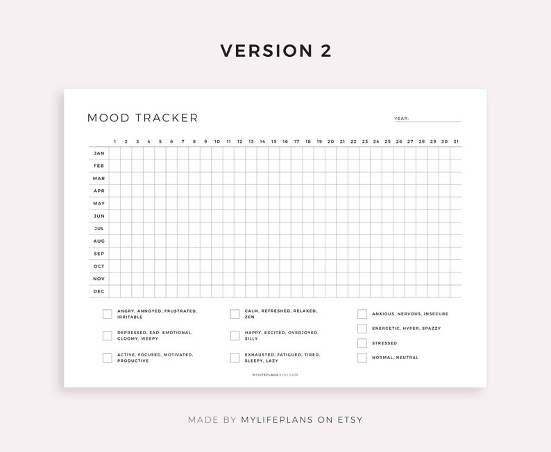 Mood Tracker Printable Landscape A Year in Pixels Mood - Etsy