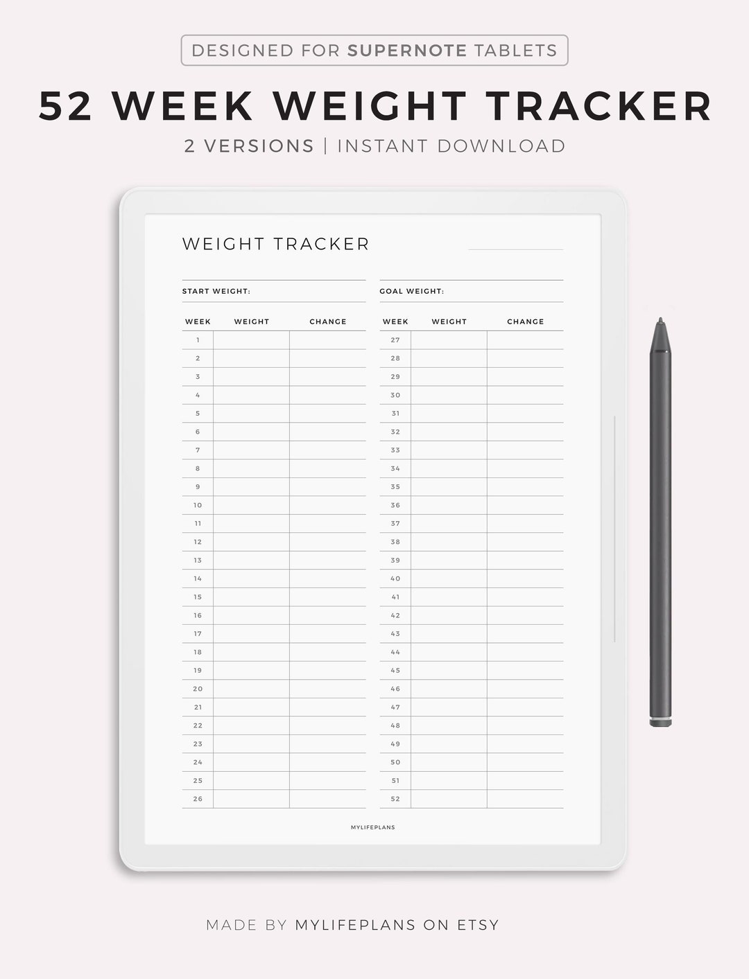 52 Week Weight Tracker for Supernote A5X2/A5X/A5/A6X2/A6X/A6, Instant ...