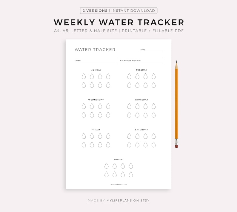 Weekly Water Tracker Printable, Hydration Tracker, Water İntake, Drink Water Reminder, Water Journal, A4/A5/Letter/Half, Instant Download image 1