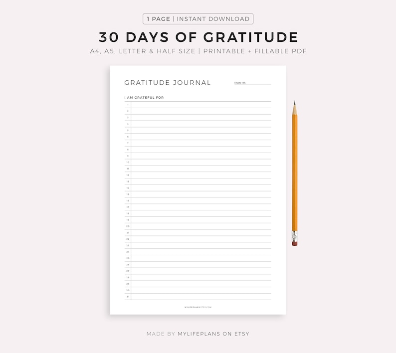 30 Days of Gratitude Printable Template, Daily Gratitude Journal ...
