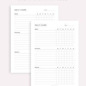 May include: Printable self-care planner with sections for basic, physical, and mental care. The planner includes a weekly grid for tracking activities. The text "Version 3" and "Sunday & Monday Starts Included" is at the top of the page.