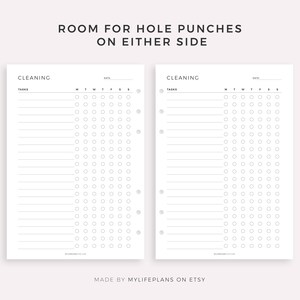 May include: Two printable cleaning checklists with space for tasks and a daily habit tracker. The checklists have a simple design with black text and lines on a white background. The text "CLEANING" and "TASKS" is at the top of each checklist. The text "ROOM FOR HOLE PUNCHES ON EITHER SIDE" is at the top of the page. The text "MADE BY MYLIFEPLANS ON ETSY" is at the bottom of the page.