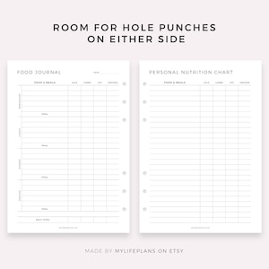May include: Two printable pages for a food journal and a personal nutrition chart. The pages are designed for a planner with holes on either side. The pages are divided into columns for food and meals, calories, carbs, fat, and protein.