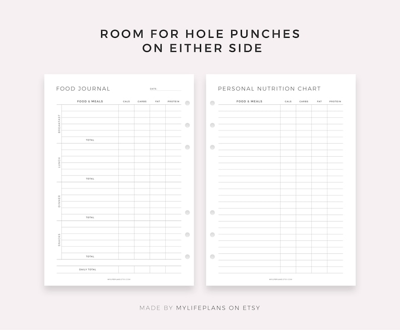May include: Two printable pages for a food journal and a personal nutrition chart. The pages are designed for a planner with holes on either side. The pages are divided into columns for food and meals, calories, carbs, fat, and protein.