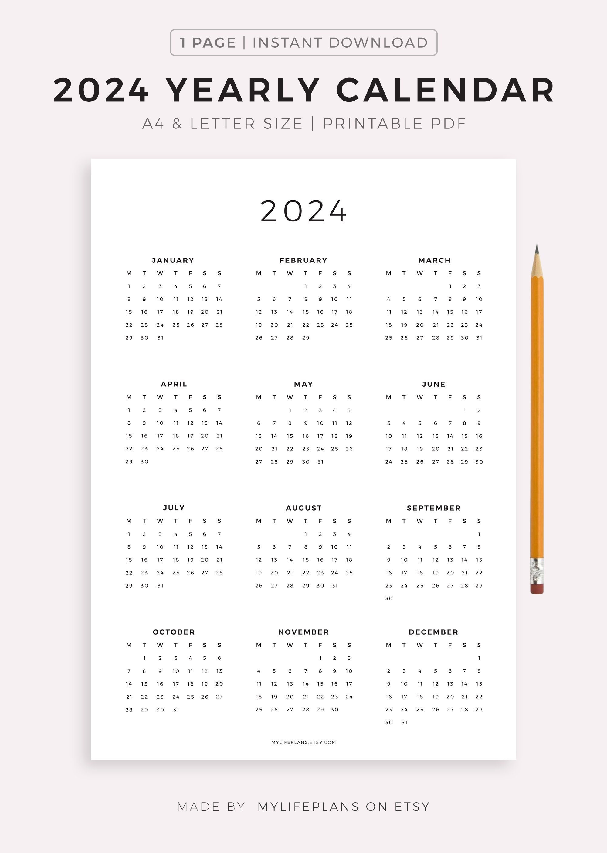 2024 Year Calendar Printable Yearly Wall Calendar Desk Etsy UK