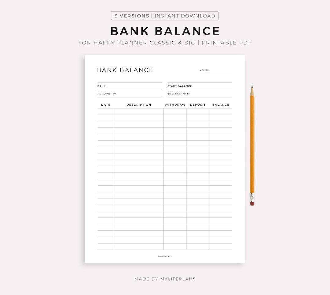 Bank Balance Sheet, Printable for Happy Planner Classic & Big, Instant ...