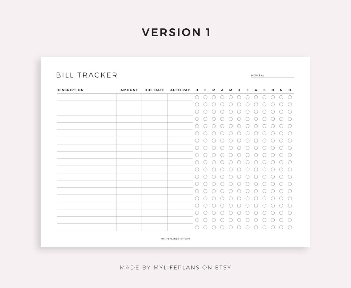 Printable Bill Tracker Template Landscape Bill Organizer Etsy