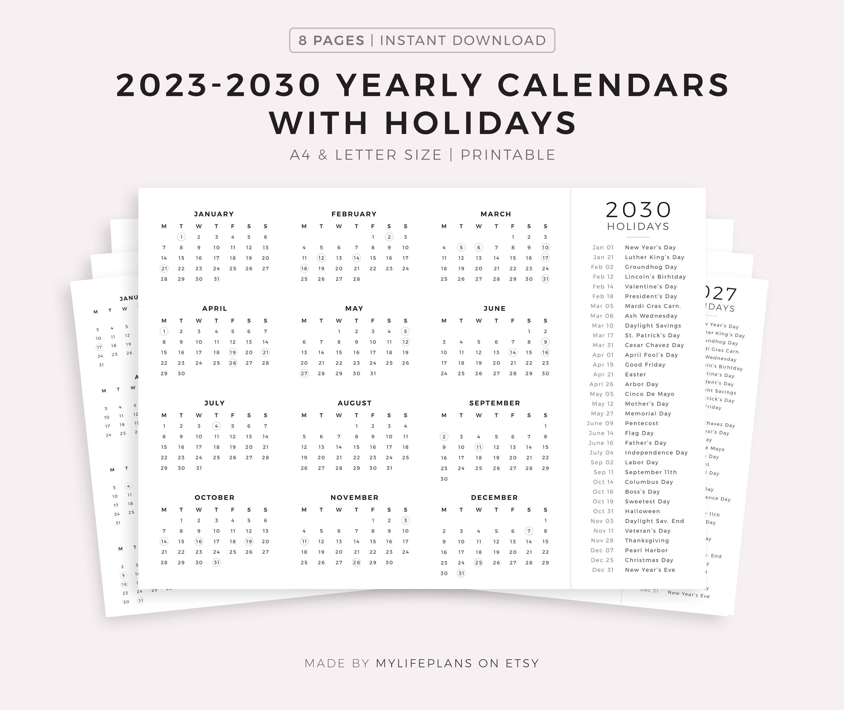 20232030 Year Calendars With Holidays on One Page Printable Etsy