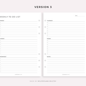 May include: A printable weekly to-do list planner with sections for Monday, Tuesday, Wednesday, Thursday, Friday, and notes. The planner is designed for use with a disc-bound planner system.