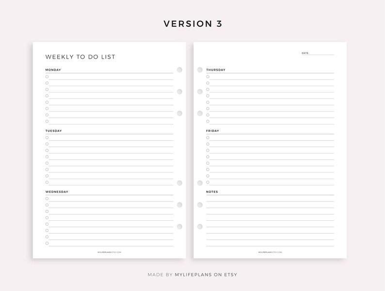 May include: A printable weekly to-do list planner with sections for Monday, Tuesday, Wednesday, Thursday, Friday, and notes. The planner is designed for use with a disc-bound planner system.