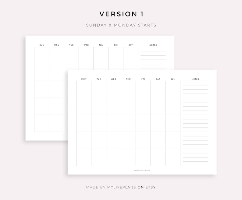 Blank Monthly Calendar With Notes Landscape Printable - Etsy