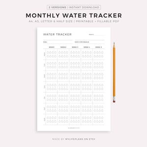 Monthly Water Tracker Printable, Hydration Tracker, Water İntake, Drink Water Reminder, Water Journal, A4/A5/Letter/Half, Instant Download