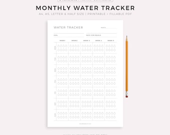 Monthly Water Tracker Printable, Hydration Tracker, Water İntake, Drink Water Reminder, Water Journal, A4/A5/Letter/Half, Instant Download