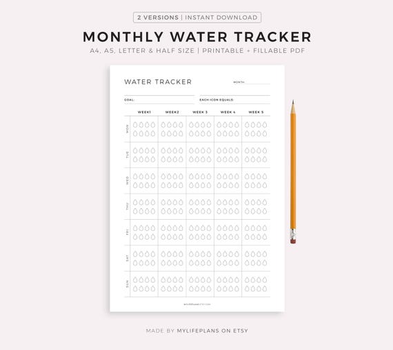 Monthly Water Tracker Printable, Hydration Tracker, Water İntake, Drink Water Reminder, Water Journal, A4/A5/Letter/Half, Instant Download