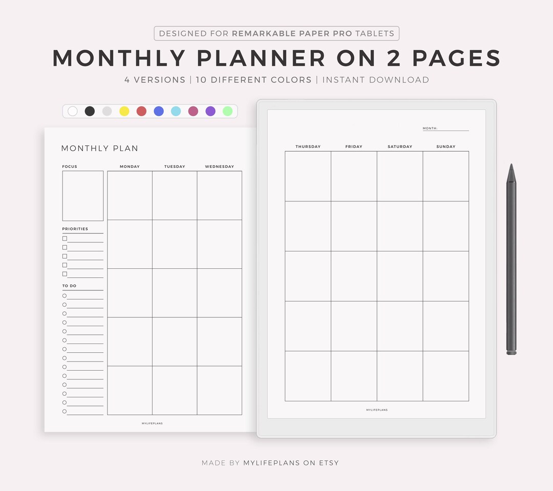 Monthly Planner for Remarkable Paper Pro, Instant Download - Etsy