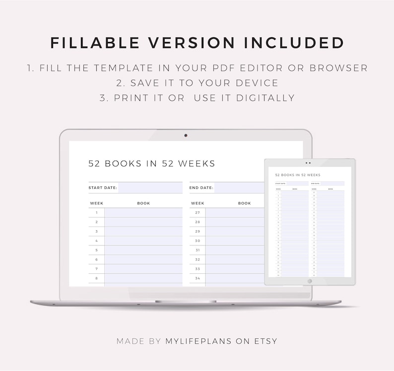 May include: A digital planner template on a laptop screen and tablet. The template is titled "52 Books in 52 Weeks" and has columns for week number, start date, end date, and book title.