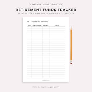 Tracker dei fondi pensione stampabile e compilabile, pianificatore di risparmio, tracker dei contributi, pianificatore finanziario, A4/A5/Lettera/Mezzo, download immediato