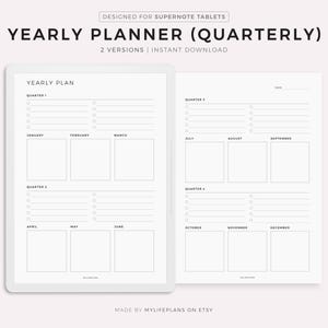 Può includere: Un planner annuale stampabile con un layout trimestrale. Il planner è progettato per tablet Supernote e include due versioni. Il planner è diviso in quattro trimestri, ogni trimestre contiene tre mesi. I mesi sono elencati in cima a ciascuna colonna e ci sono spazi per scrivere note e attività. Il planner è in bianco e nero.