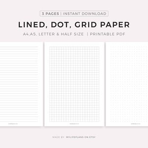 Carta a righe con griglia a punti stampabile, carta da scrivere, appunti vuoti, modello di appunti di studio, appunti di lezione, A4/A5/lettera/mezza dimensione, PDF scaricabile immediatamente