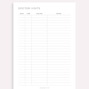 May include: Printable doctor visit tracker with columns for date, time, doctor, and notes. The title is "Doctor Visits" and the text "Made by MyLifePlans on Etsy" is at the bottom.