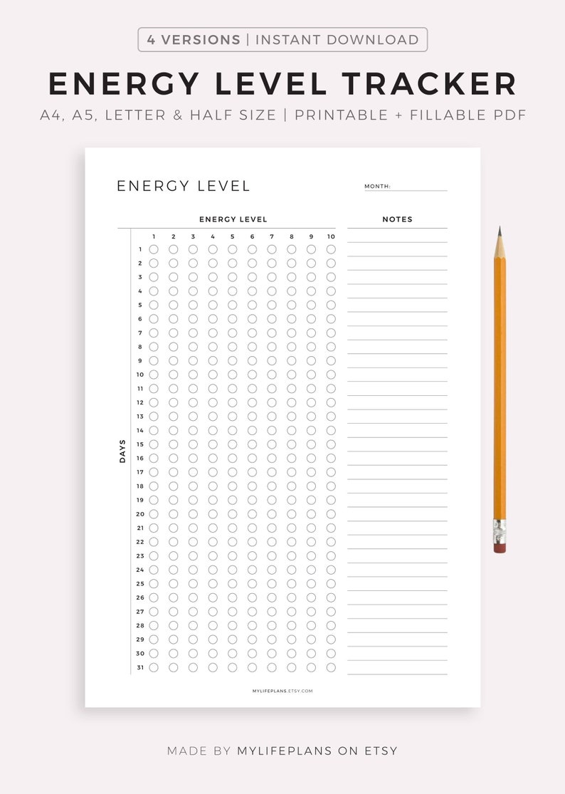 Daily Energy Level Tracker Printable Track Monthly Energy - Etsy
