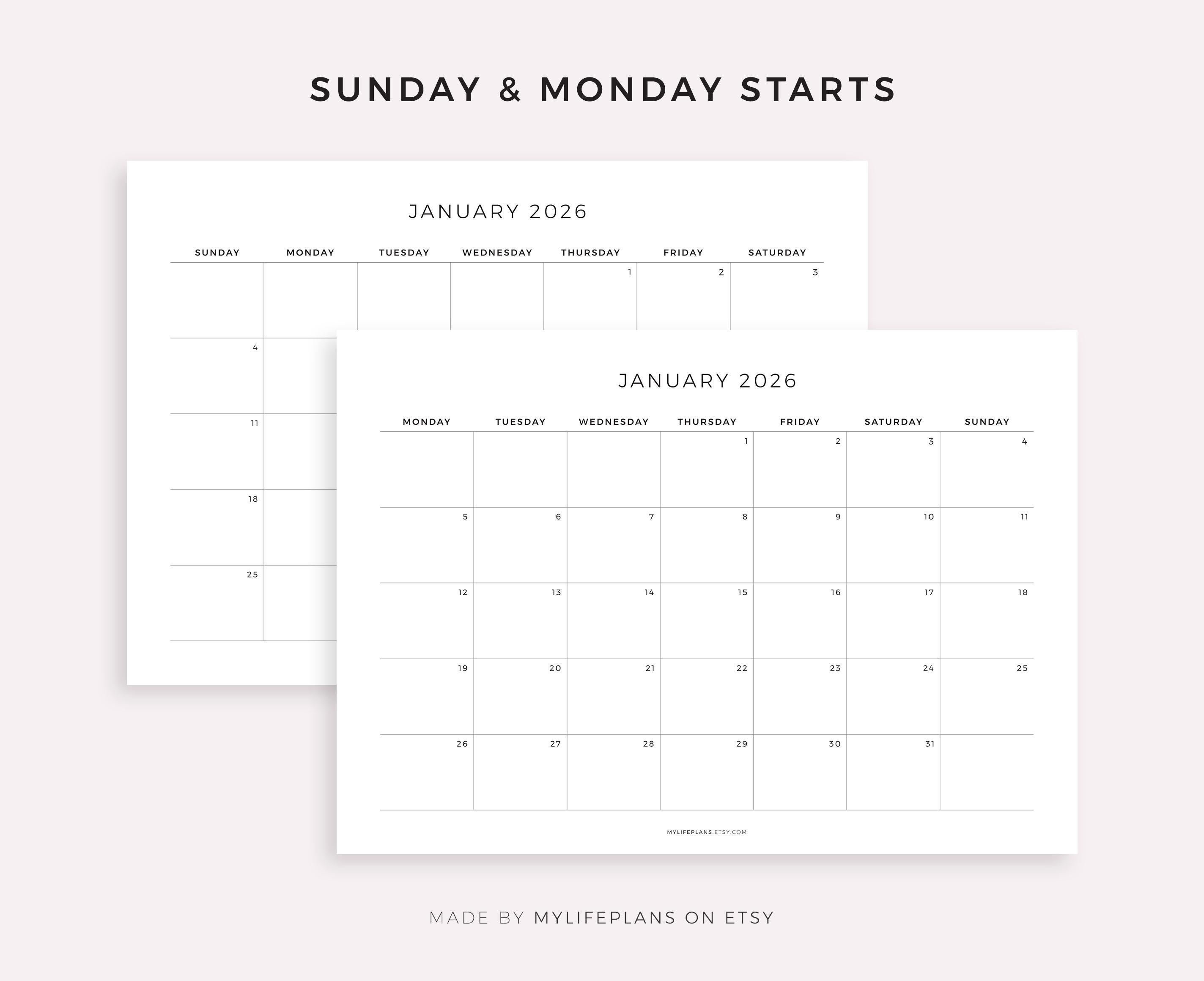 2026 Monthly Calendar Landscape, Printable Calendar Template ...