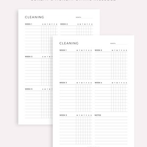 May include: Printable cleaning checklist with two versions, one starting on Sunday and the other on Monday. The checklist includes spaces for each day of the week and notes.