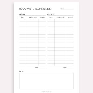 May include: Printable income and expense tracker with columns for date, description, and amount. The tracker is divided into two sections: income and expense. There is a section for notes at the bottom of the page. The text "VERSION 4" is at the top of the page.