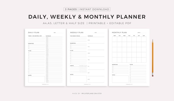 Daily Planner Weekly Planner Monthly Planner Printable