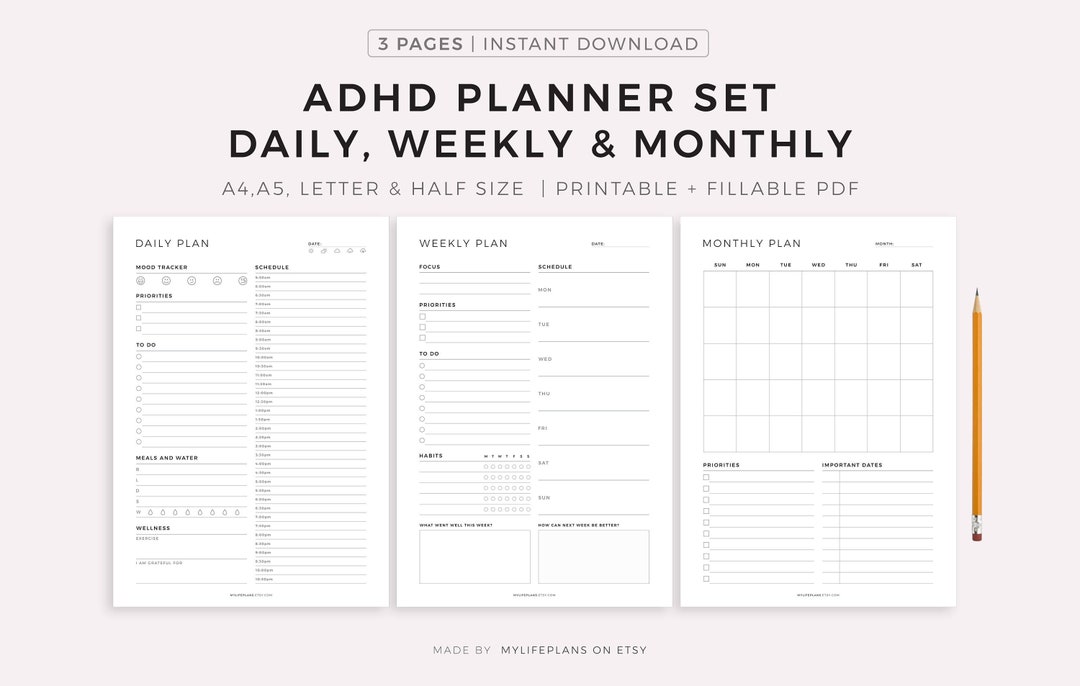 ADHD Planner Printable Set - Daily Planner, Weekly Planner, Monthly ...