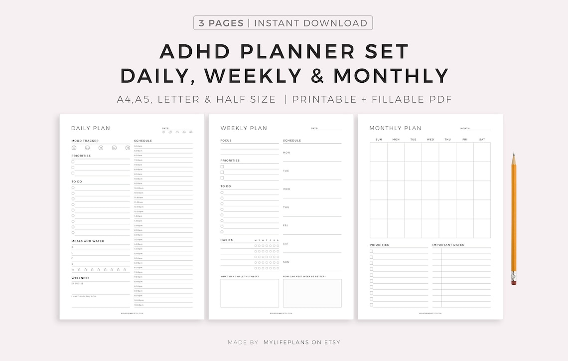 ADHD Planner Printable Set Daily Planner Weekly Planner - Etsy