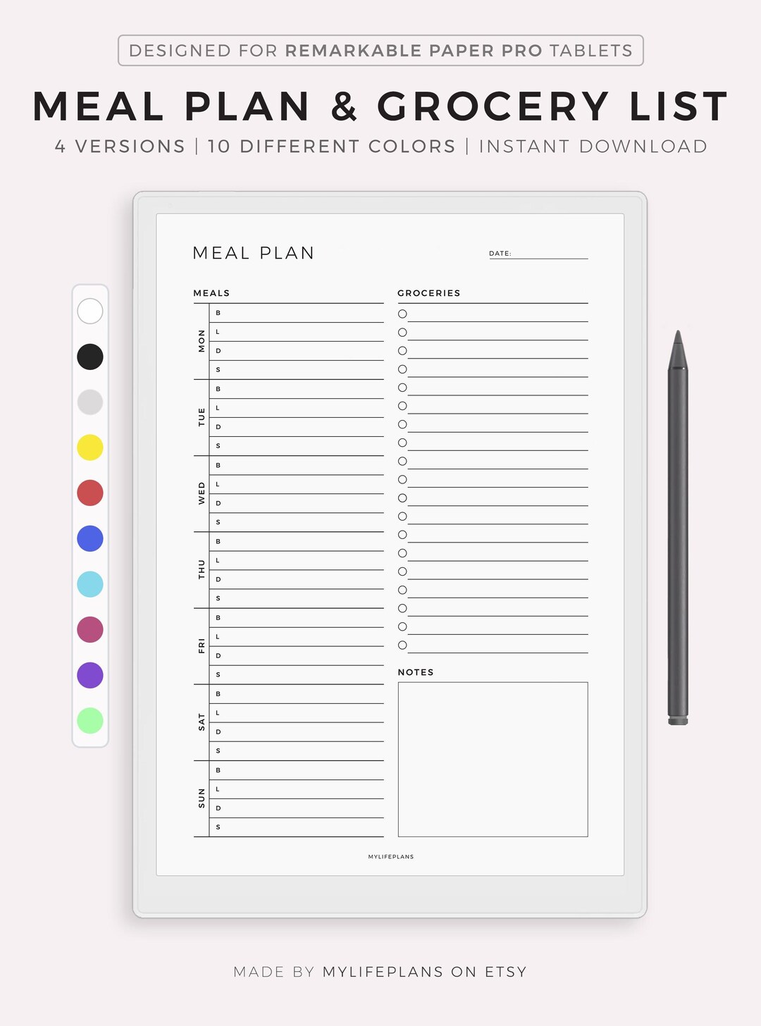 Weekly Meal Planner With Grocery List Template for Remarkable Paper Pro ...