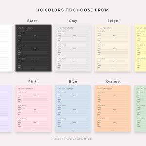 May include: A printable sheet with 10 different color options for a utility contact list. The colors include white, black, gray, beige, yellow, purple, pink, blue, orange, and green. The sheet has the text "UTILITY CONTACTS" at the top and includes spaces for writing down contact information.