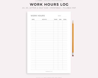 Working Hours Log Printable, Work Time Tracker, Activity Tracker, Time Spent, Task Tracker, A4/A5/Letter/Half, Instant Download PDF