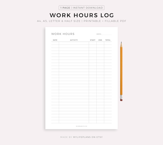 Working Hours Log Printable, Work Time Tracker, Activity Tracker, Time Spent, Task Tracker, A4/A5/Letter/Half, Instant Download PDF