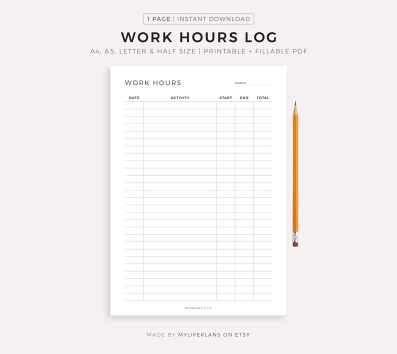 Afdrukbaar werkurenlogboek, werktijdtracker, activiteitentracker, bestede tijd, taaktracker, A4/A5/Letter/Half, pdf-bestand direct downloaden afbeelding 1